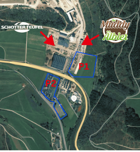 Kartenansicht mit markierten Bereichen P1 und P2, nahe einer Straße und Landschaft.