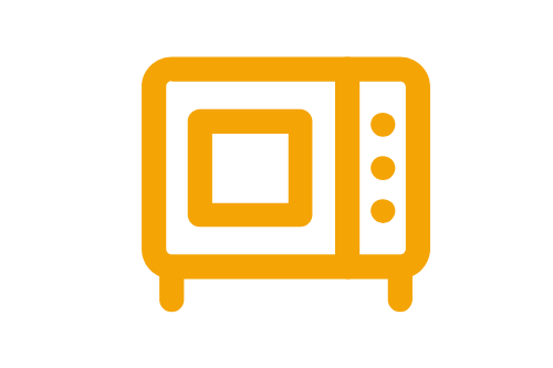 Mikrowelle mit zwei Knöpfen und einem quadratischen Sichtfenster.