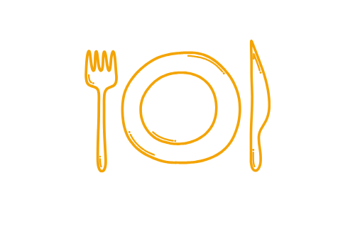 Gabel, Messer und Teller in orangefarbenem, einfachem Design.