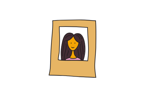 Zeichnung eines Rahmens mit einem Porträt einer lächelnden Frau.