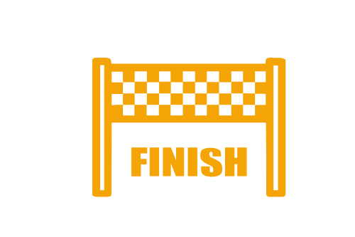 Gelbes Zielfeld mit einem schwarz-weißen Schachbrettmuster und dem Wort "FINISH".