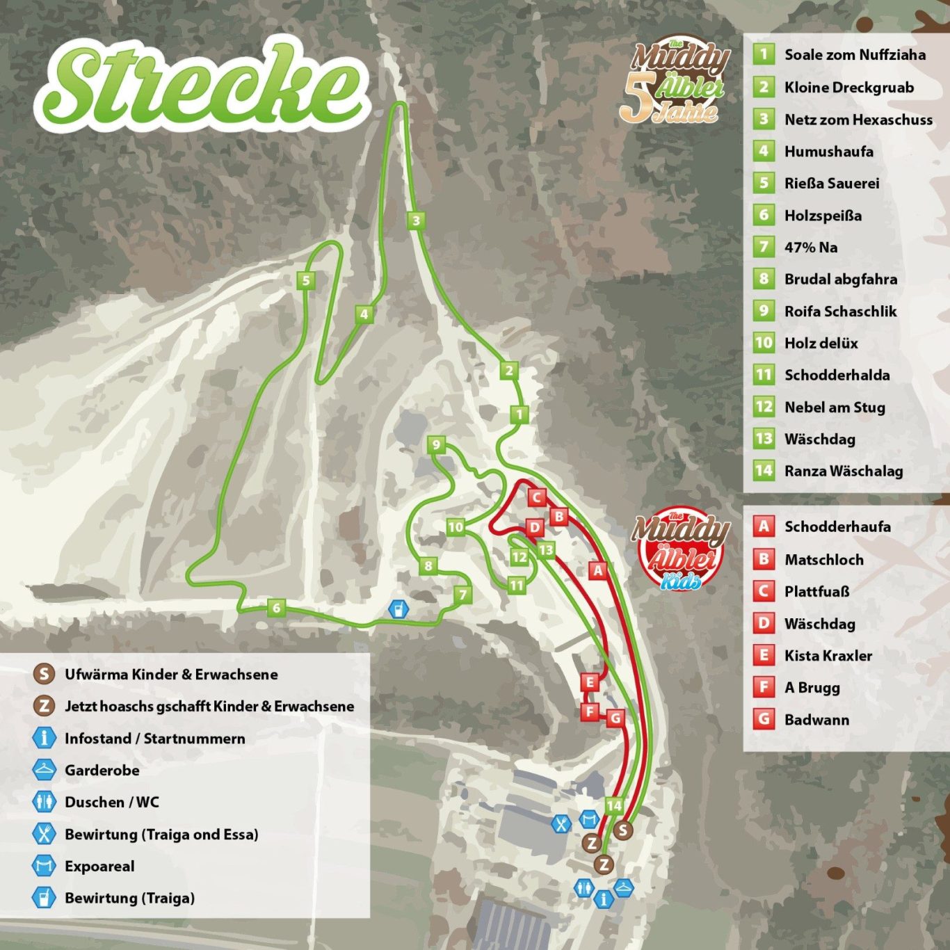 Streckenkarte mit markierten Routen und Sehenswürdigkeiten.